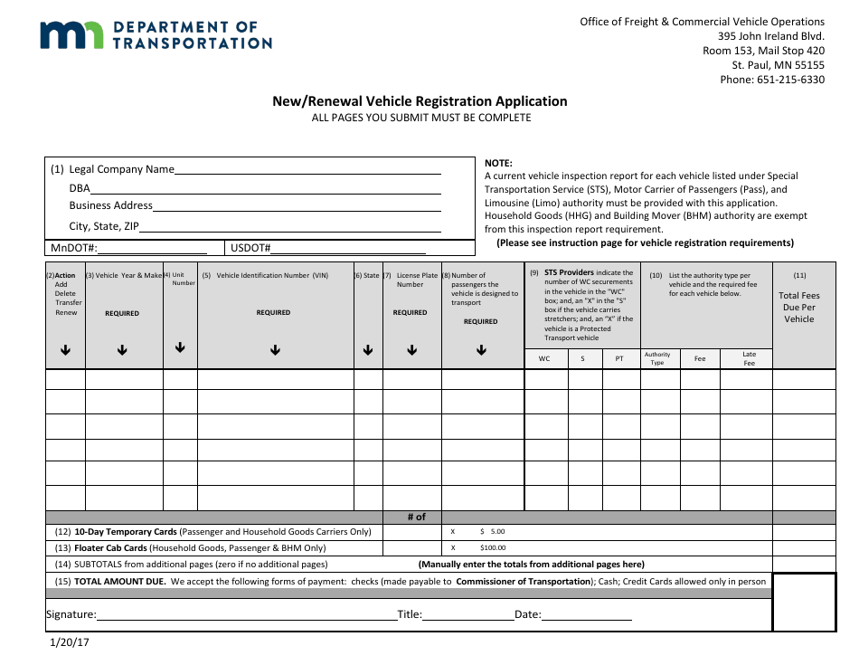 New / Renewal Vehicle Registration Application Form - Minnesota, Page 1