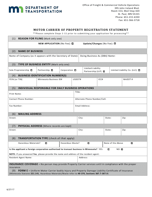Motor Carrier of Property Registration Statement Form - Minnesota