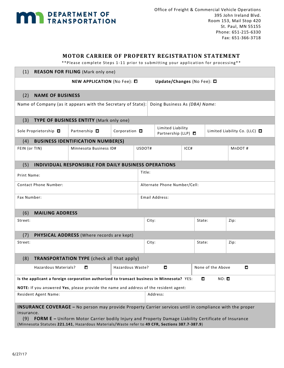 Motor Carrier of Property Registration Statement Form - Minnesota, Page 1