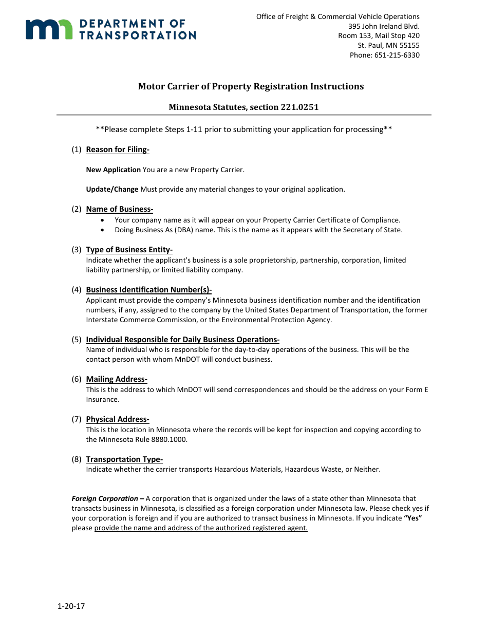 Motor Carrier of Property Registration Statement Form - Minnesota, Page 5