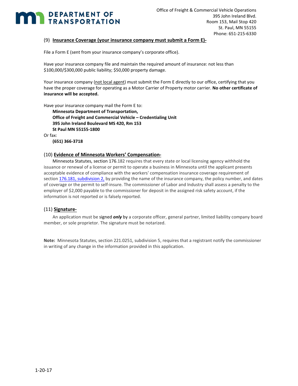 Motor Carrier of Property Registration Statement Form - Minnesota, Page 6