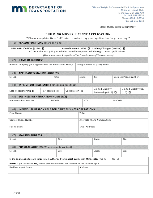 Building Mover License Application Form - Minnesota