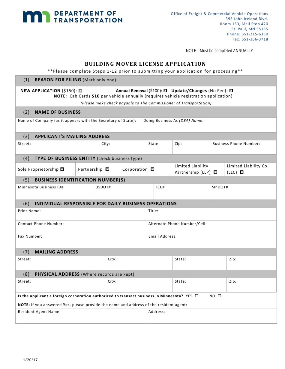 Building Mover License Application Form - Minnesota, Page 1