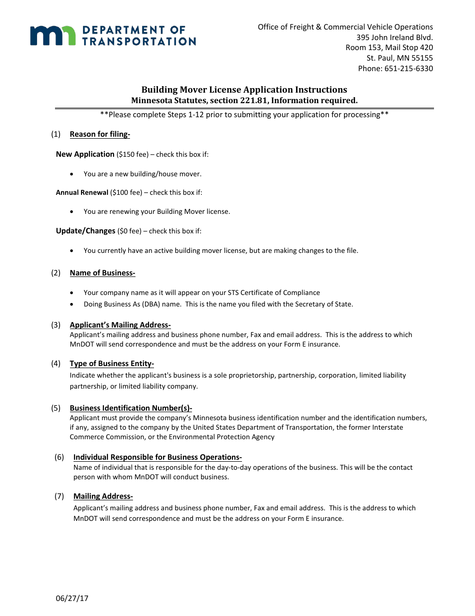 Building Mover License Application Form - Minnesota, Page 5