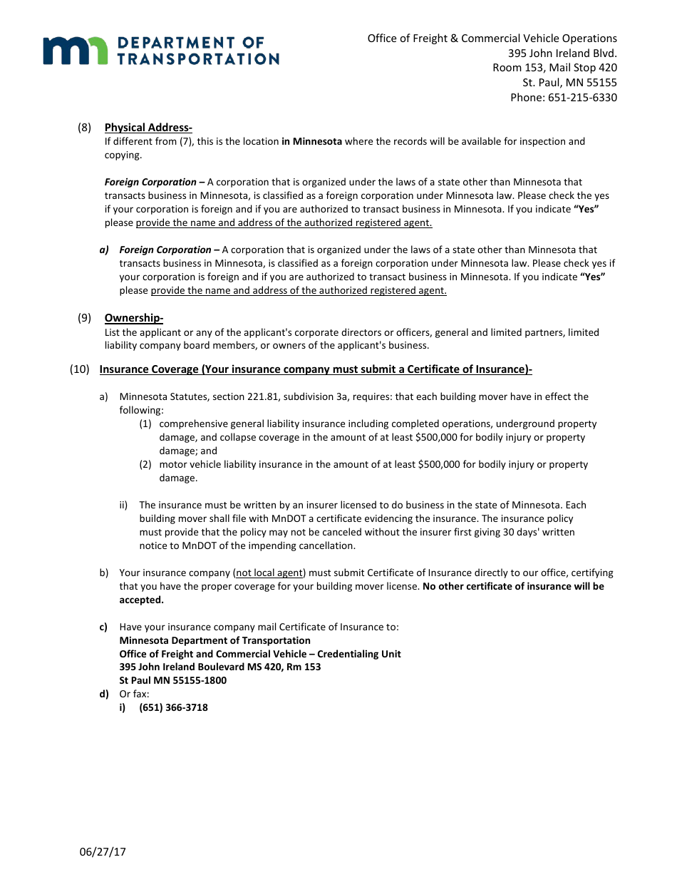 Building Mover License Application Form - Minnesota, Page 6