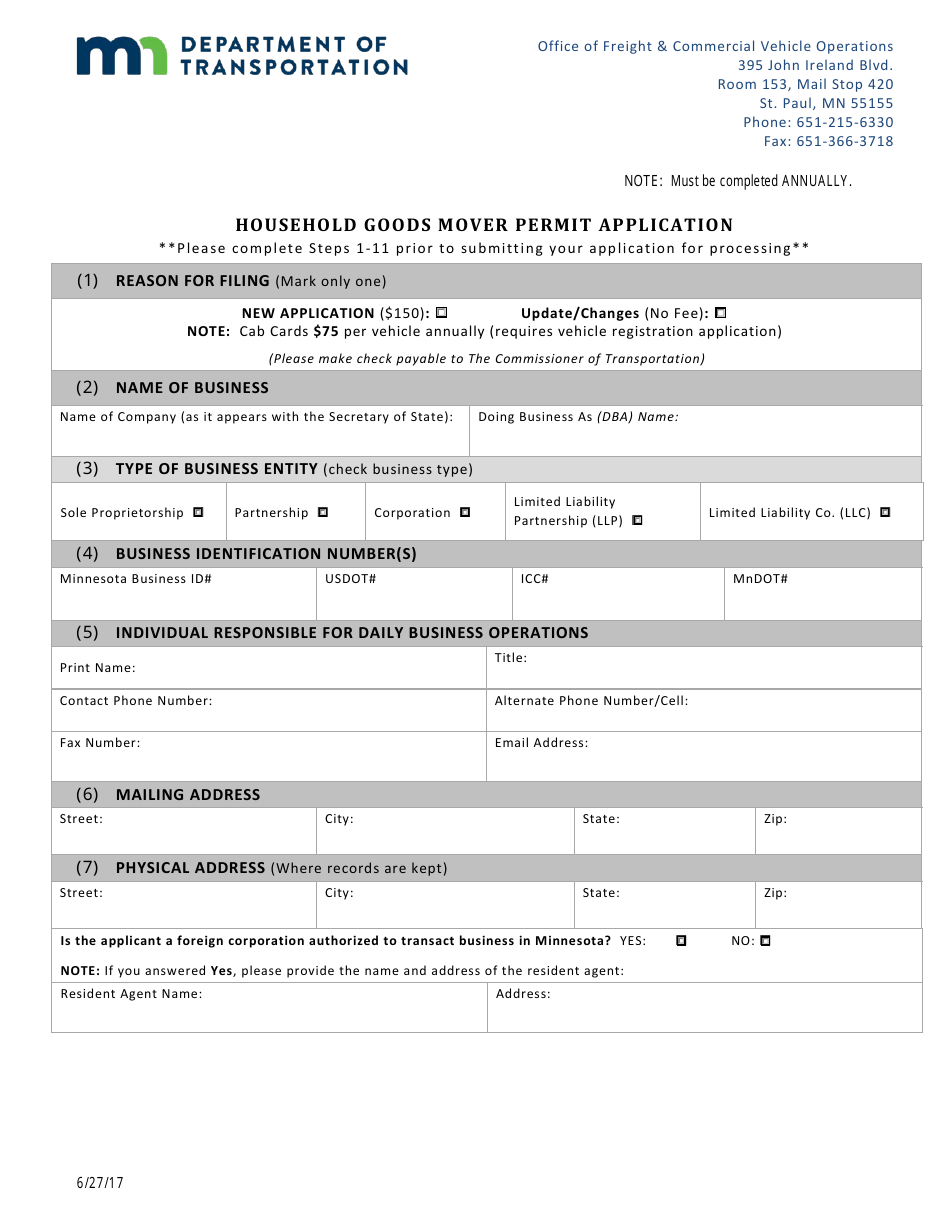 Household Goods Mover Permit Application Form - Minnesota, Page 1