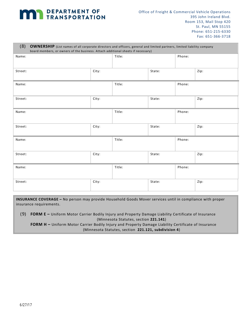Household Goods Mover Permit Application Form - Minnesota, Page 2