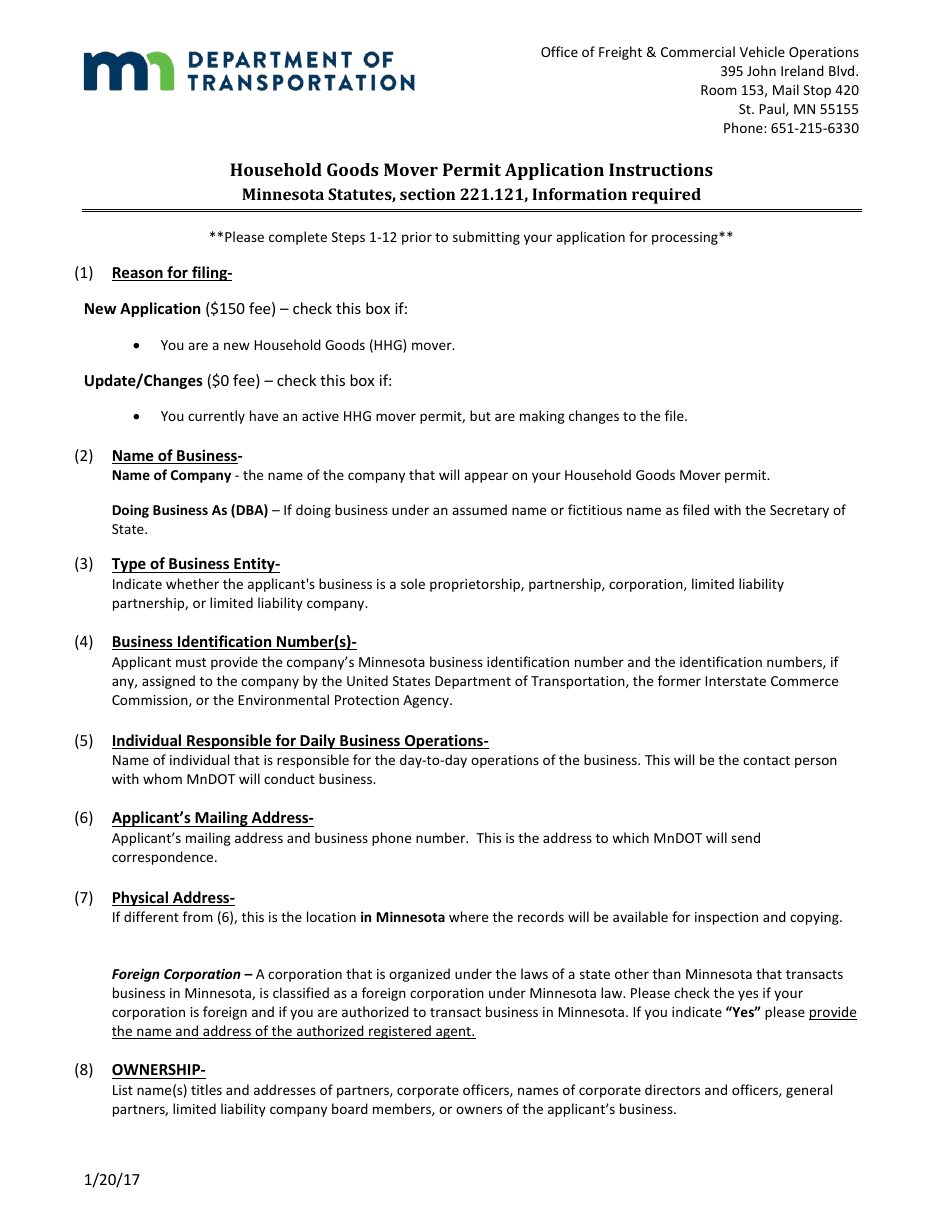 Household Goods Mover Permit Application Form - Minnesota, Page 5