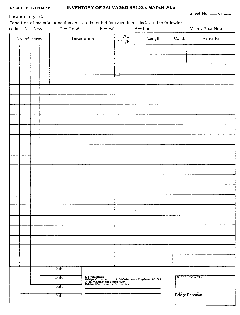 Form Mn / DOT TP-17119 Inventory of Salvaged Bridge Materials - Minnesota, Page 1