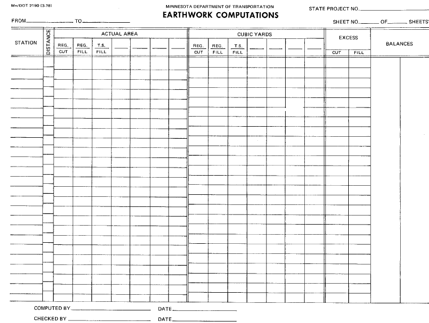 Mn/DOT Form 2190 Earthwork Computations - Minnesota