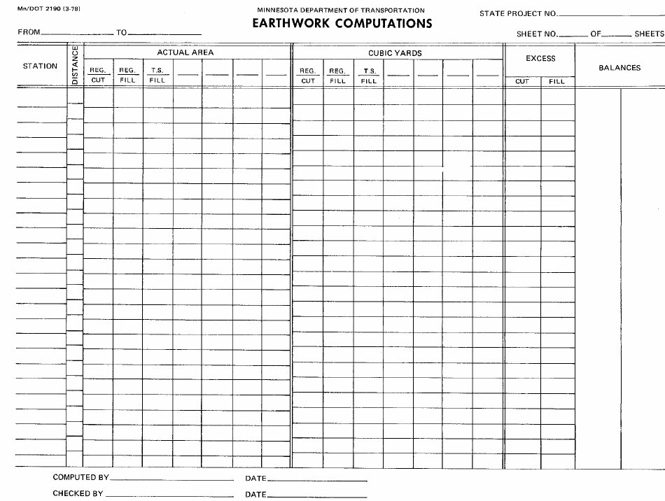 Mn / DOT Form 2190 Earthwork Computations - Minnesota, Page 1