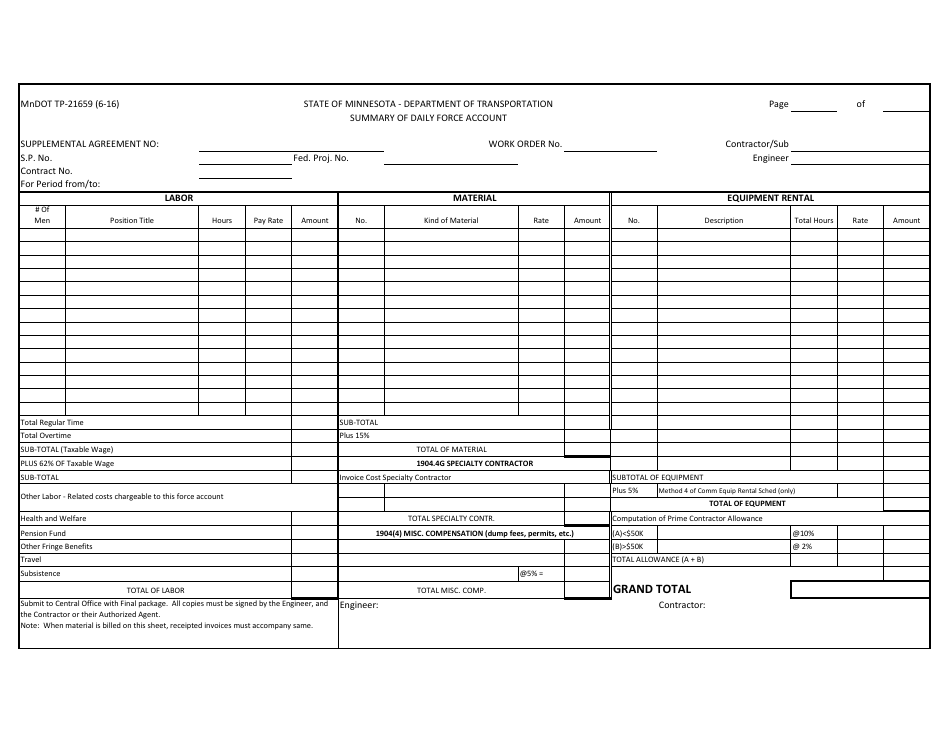 Form TP-21659 Summary of Daily Force Account - Minnesota, Page 1