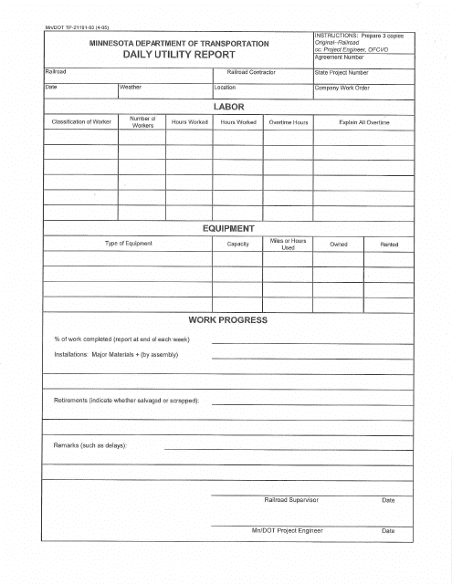 Form Mn/DOT TP-21191-03 Daily Utility Report - Minnesota