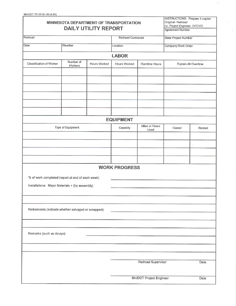 Form Mn / DOT TP-21191-03 Daily Utility Report - Minnesota, Page 1