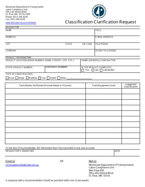 Classification Clarification Request Form - Minnesota Download Pdf