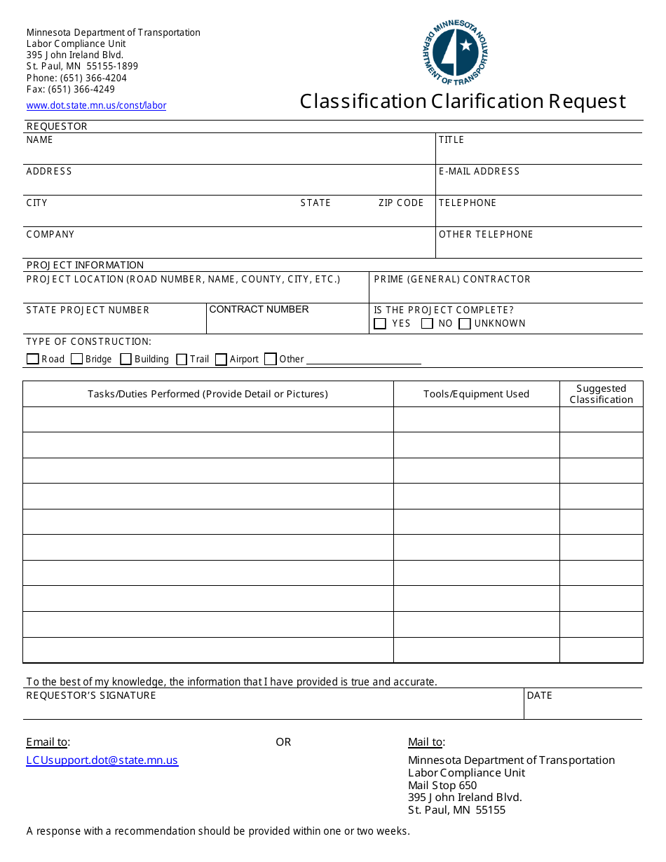 Classification Clarification Request Form - Minnesota, Page 1