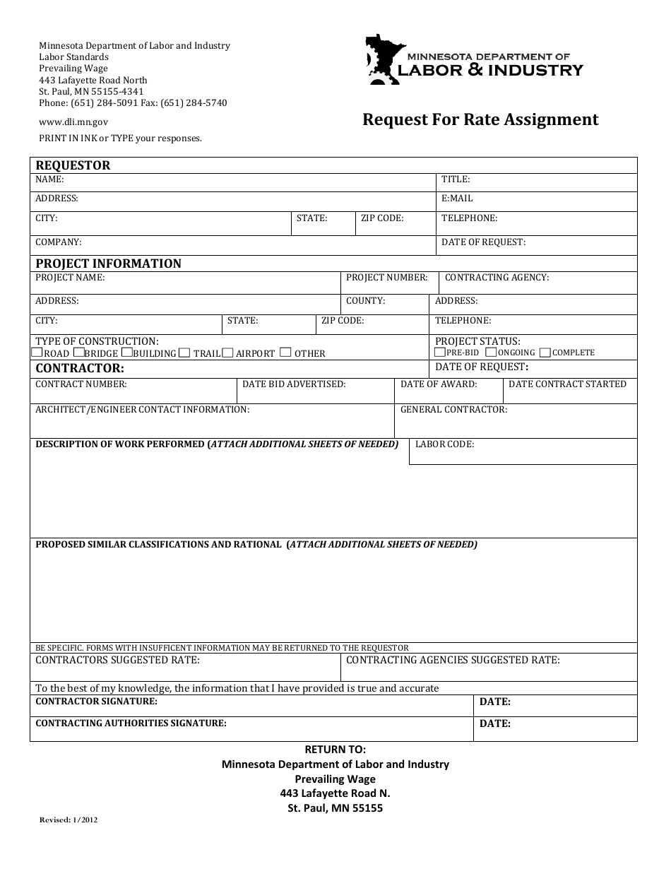 Request for Rate Assignment - Minnesota, Page 1