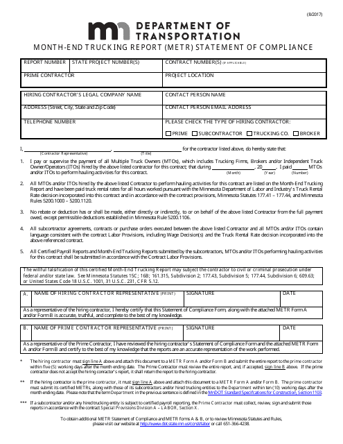 Month-End Trucking Report (Metr) Statement of Compliance - Minnesota Download Pdf