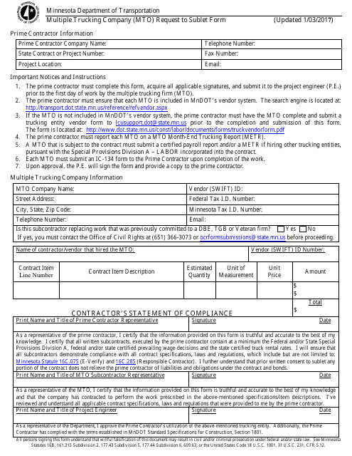Multiple Trucking Company (Mto) Request to Sublet Form - Minnesota