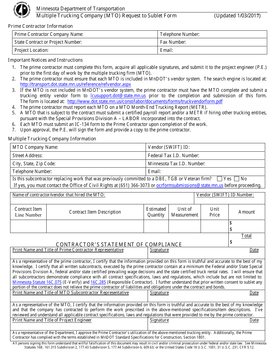 Multiple Trucking Company (Mto) Request to Sublet Form - Minnesota, Page 1