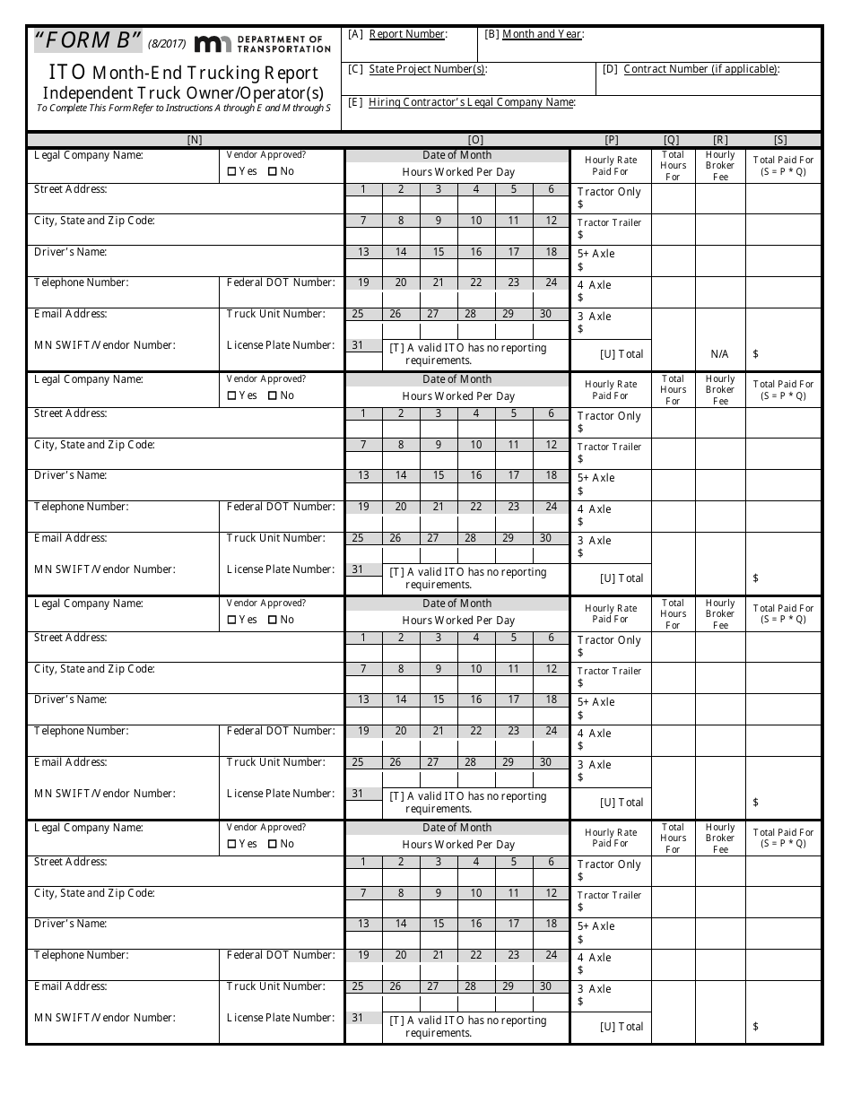 Form B Ito Month-End Trucking Report - Independent Truck Owner / Operator(S) - Minnesota, Page 1