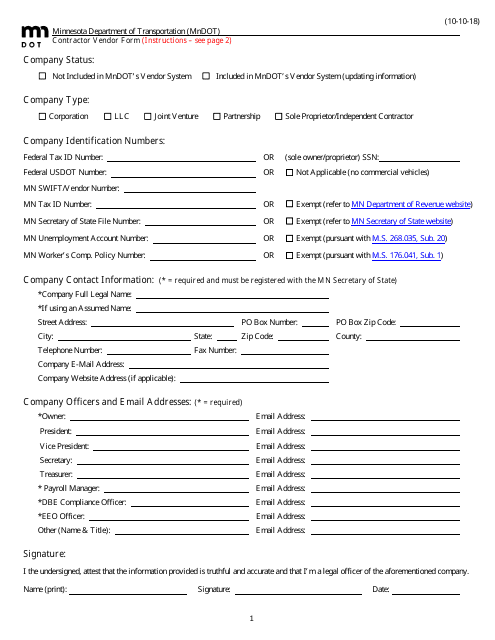 Contractor Vendor Form - Minnesota Download Pdf