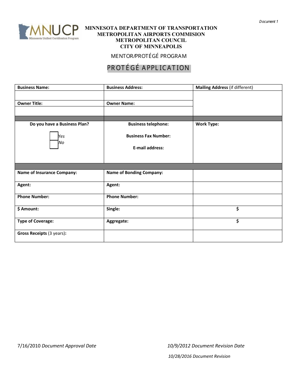 Protege Application Form - Mentor / Protege Program - Minnesota, Page 1