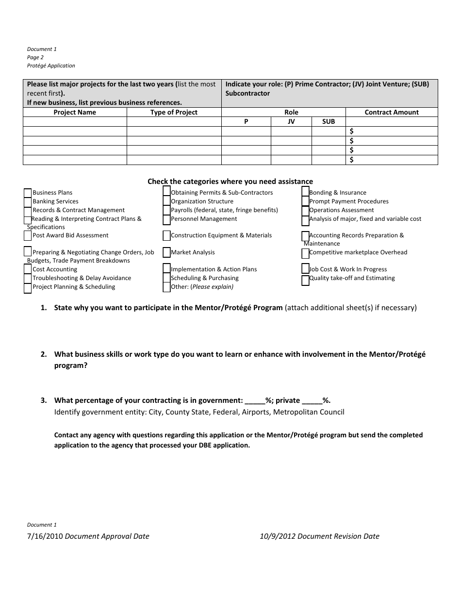 Protege Application Form - Mentor / Protege Program - Minnesota, Page 2