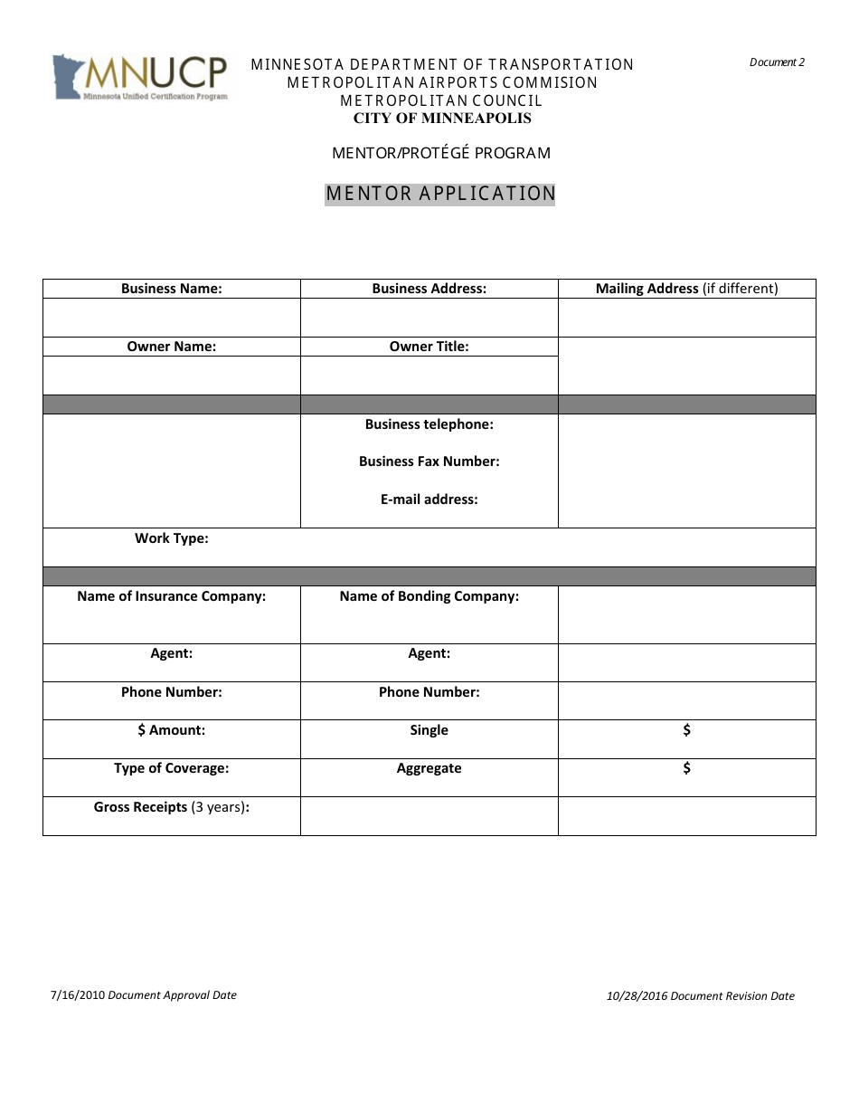Mentor Application Form - Mentor / Protege Program - Minnesota, Page 1