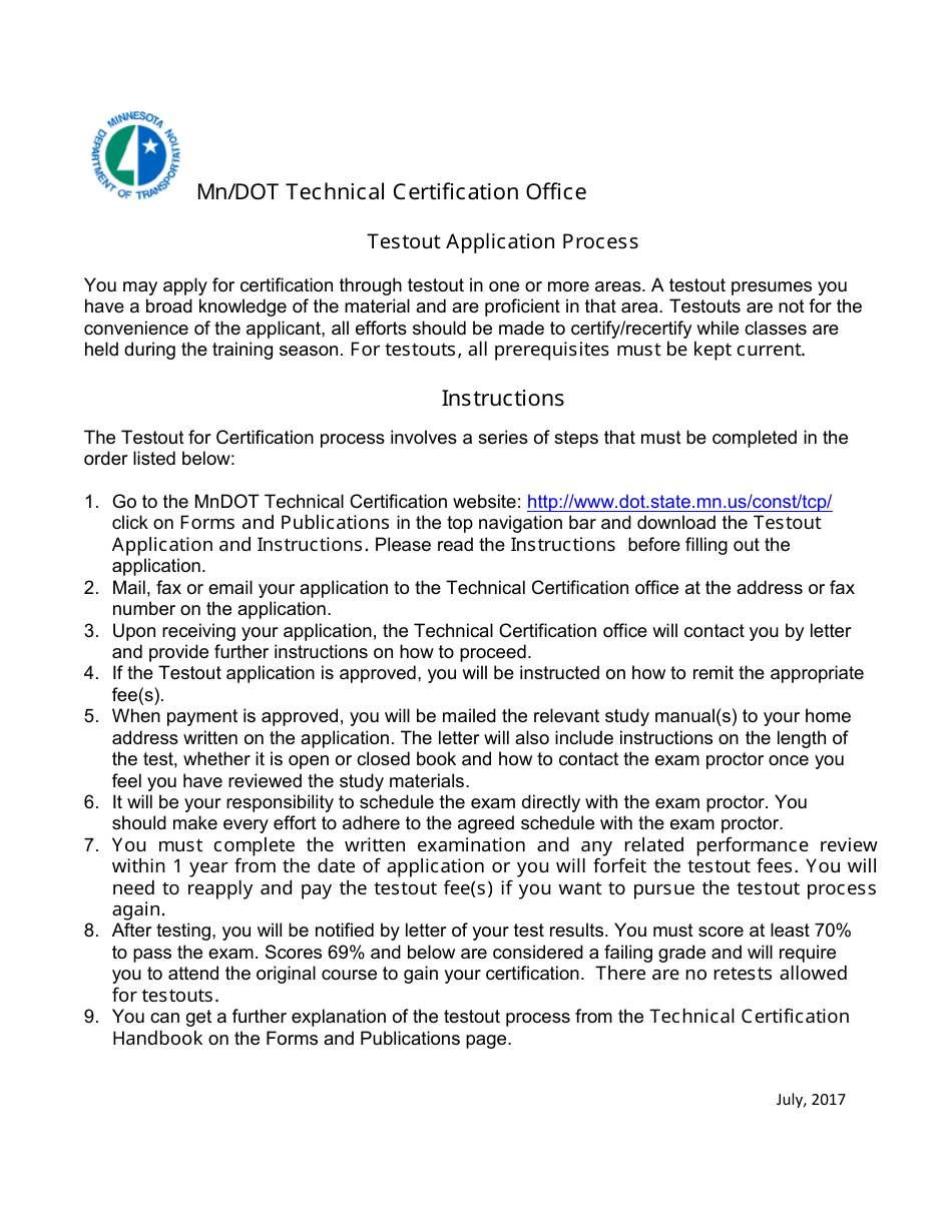 Test-Out Application for Mn / Dot Technical Certification - Minnesota, Page 1