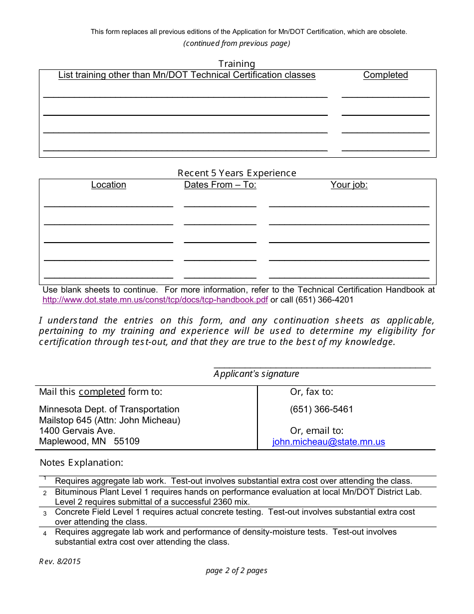 Minnesota Test Out Application for Mn/Dot Technical Certification Minnesota Test Out Application for Mn/Dot Technical Certification