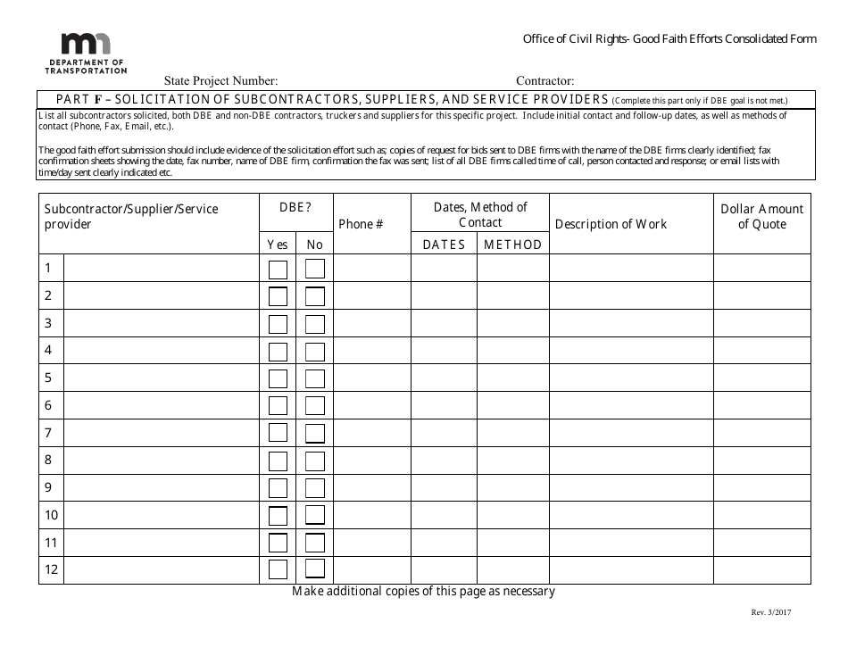 Part F Good Faith Efforts Consolidated Form - Part F - Solicitation of Subcontractors, Suppliers, and Service Providers - Minnesota, Page 1