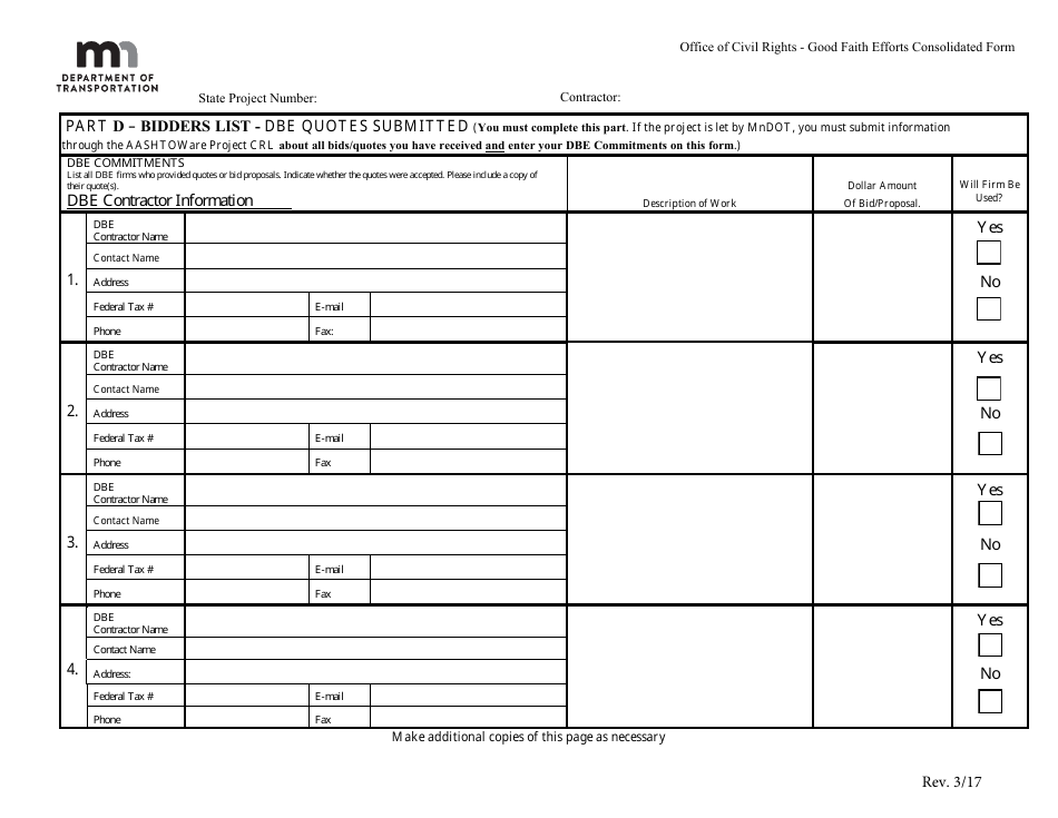 Part D Good Faith Efforts Consolidated Form - Part D - Bidders List - Dbe Quotes Submitted - Minnesota, Page 1