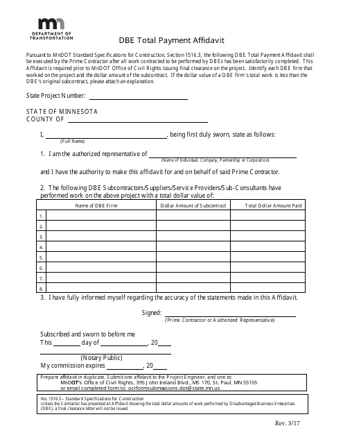 Dbe Total Payment Affidavit Form - Minnesota