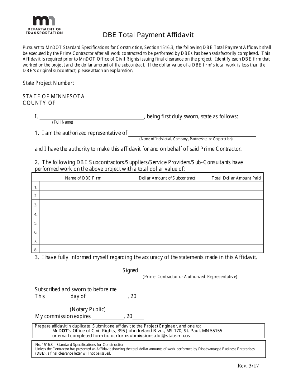 Dbe Total Payment Affidavit Form - Minnesota, Page 1