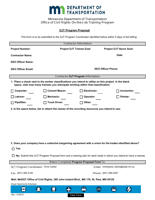 Ojt Program Proposal Form - Minnesota
