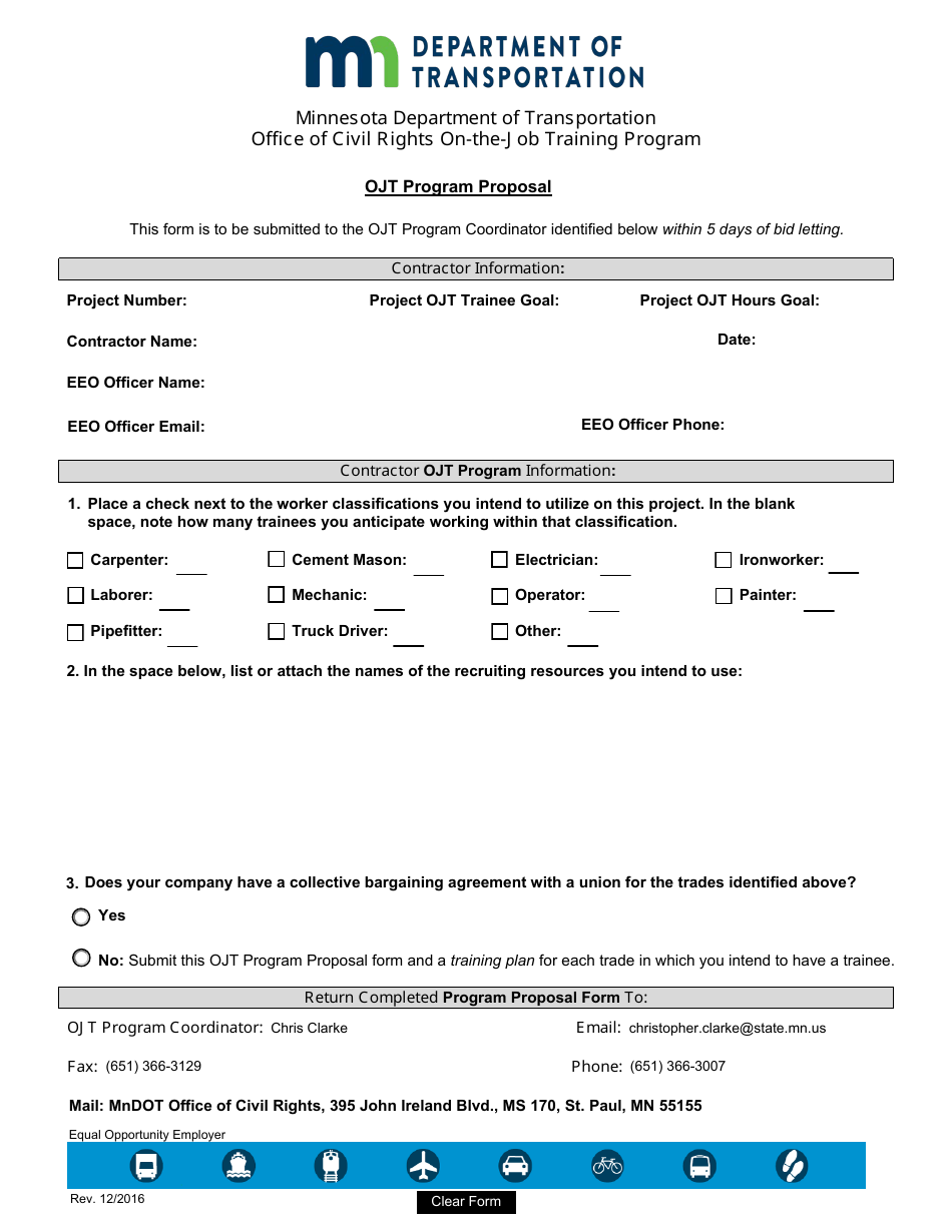 Ojt Program Proposal Form - Minnesota, Page 1