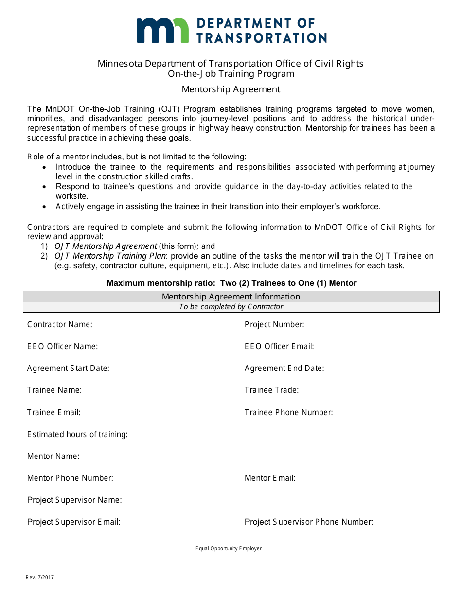 Mentorship Agreement Form - on-The-Job Training Program - Minnesota, Page 1