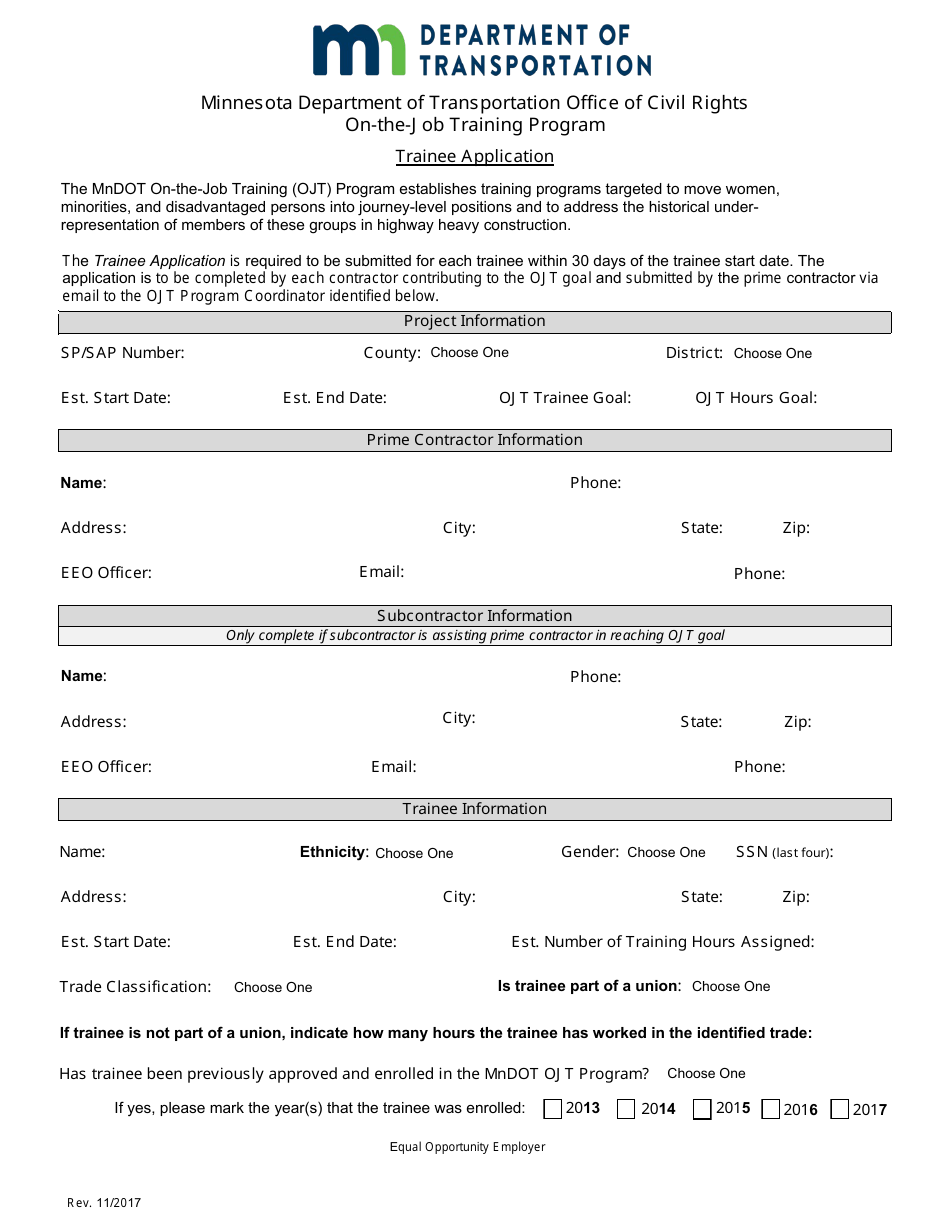 Trainee Application Form - on-The-Job Training Program - Minnesota, Page 1