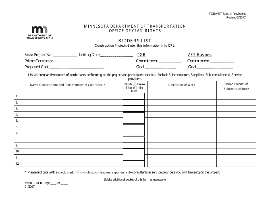 Minnesota Bidders List Fill Out Sign Online and Download PDF Minnesota Bidders List Fill Out Sign Online and Download PDF