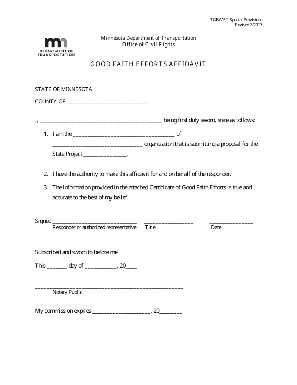 Good Faith Efforts Affidavit Form - Minnesota, Page 1