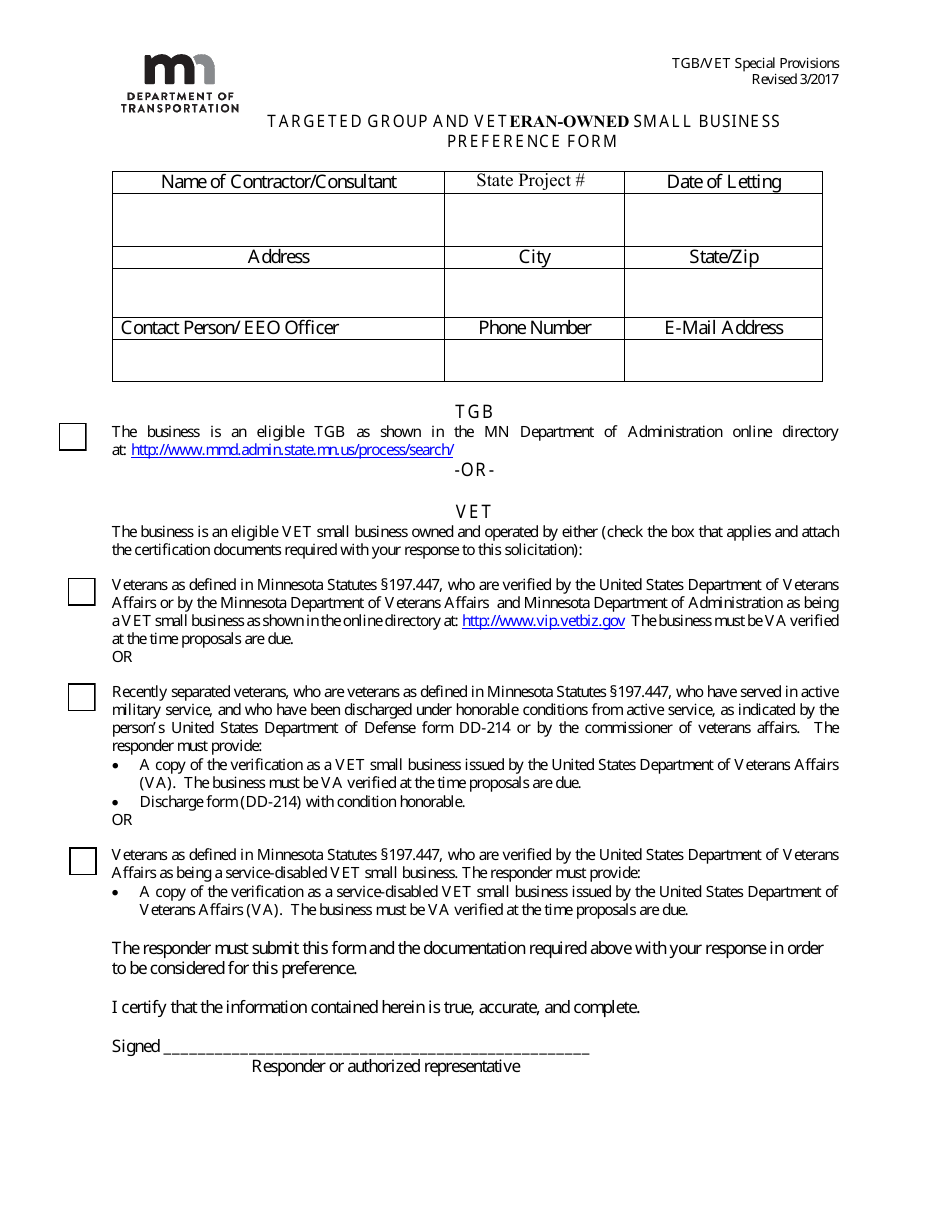 Targeted Group and Veteran-Owned Small Business Preference Form - Minnesota, Page 1