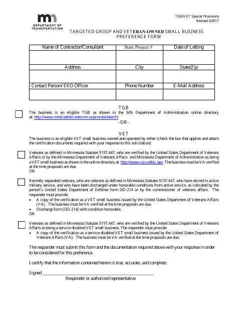Targeted Group and Veteran-Owned Small Business Preference Form - Minnesota Download Pdf