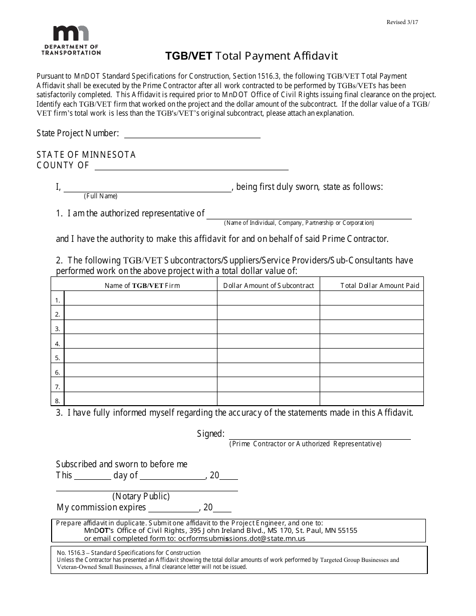 Tgb / Vet Total Payment Affidavit Form - Minnesota, Page 1