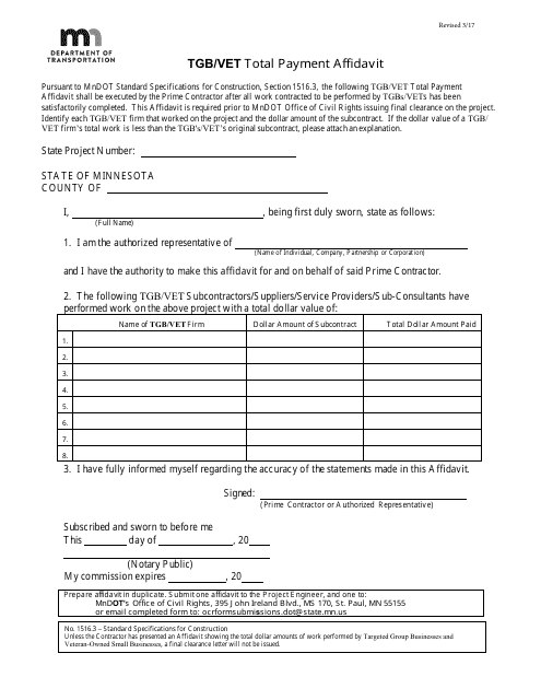 Tgb / Vet Total Payment Affidavit Form - Minnesota Download Pdf