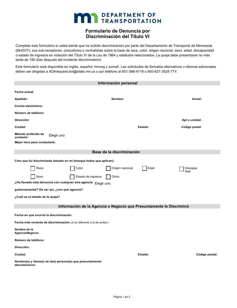 Formulario De Denuncia Por Discriminacion Del Titulo Vi - Minnesota (Spanish), Page 1