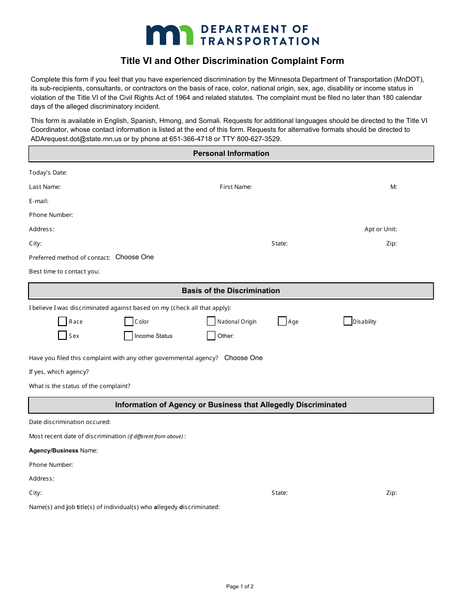 Title VI Discrimination Complaint Form - Minnesota, Page 1