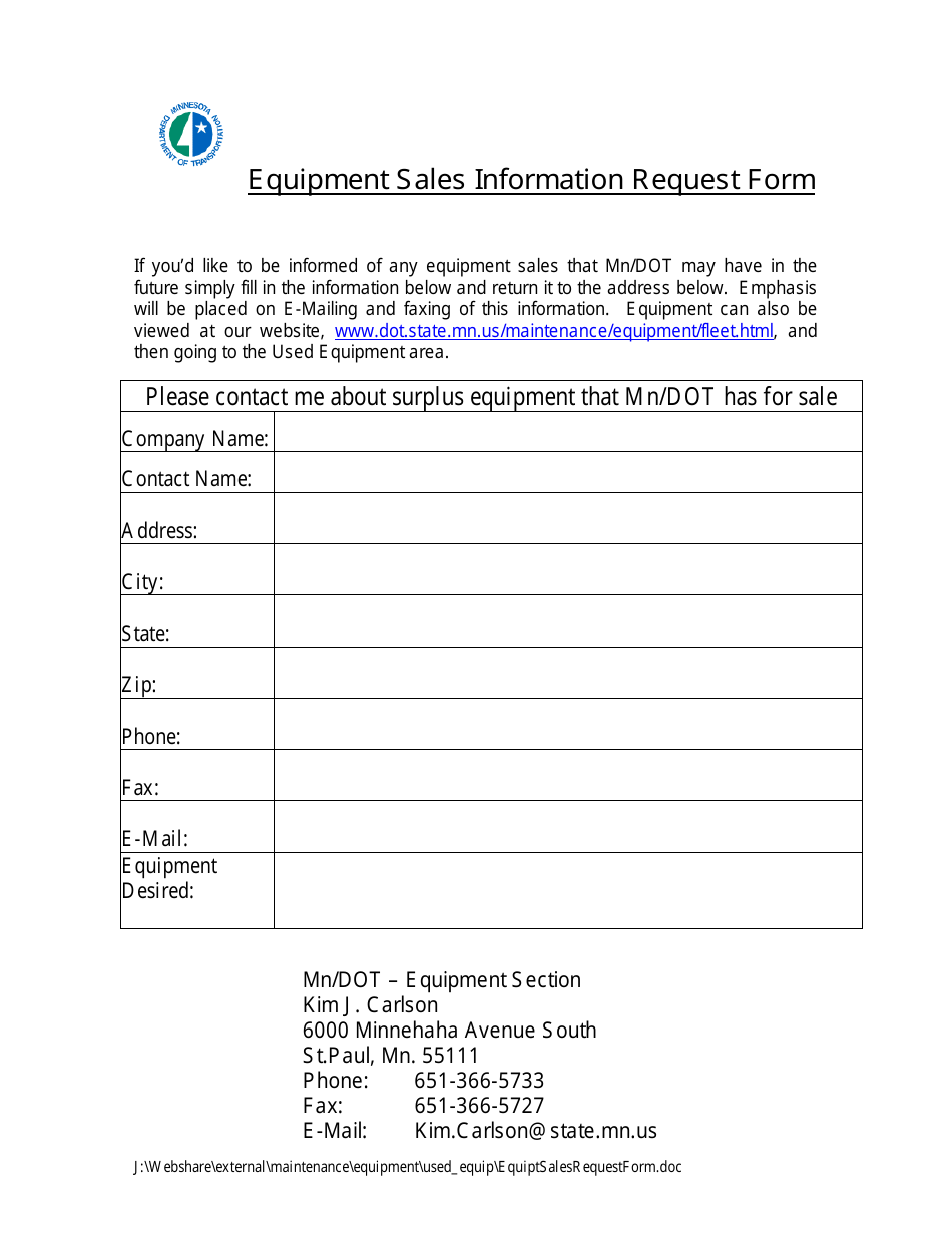 Equipment Sales Information Request Form - Minnesota, Page 1