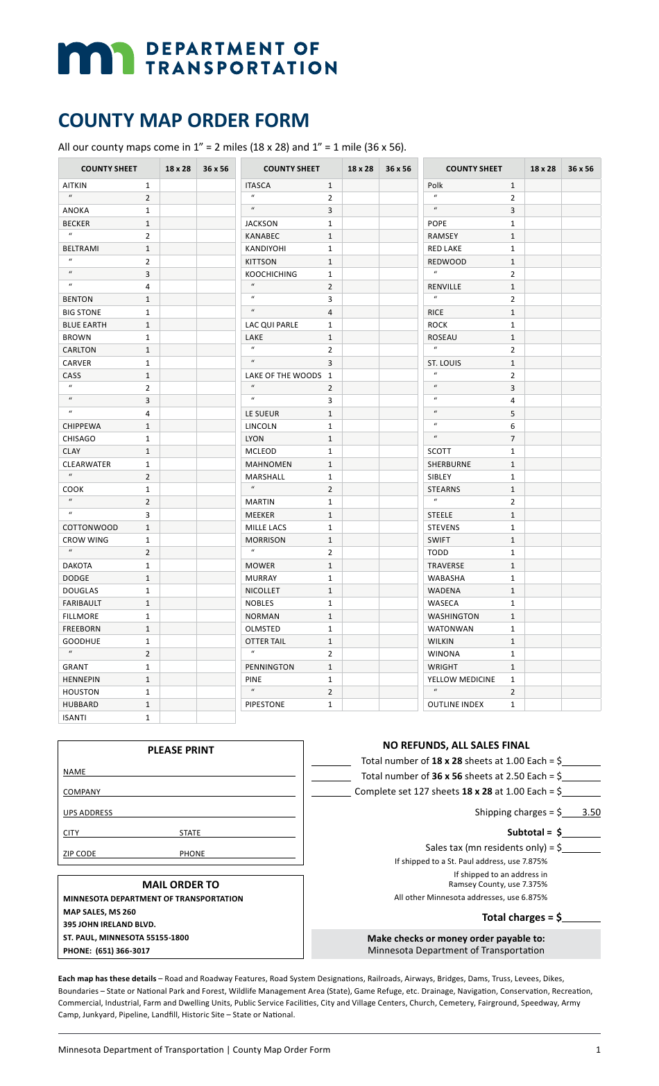 County Map Order Form - Minnesota, Page 1