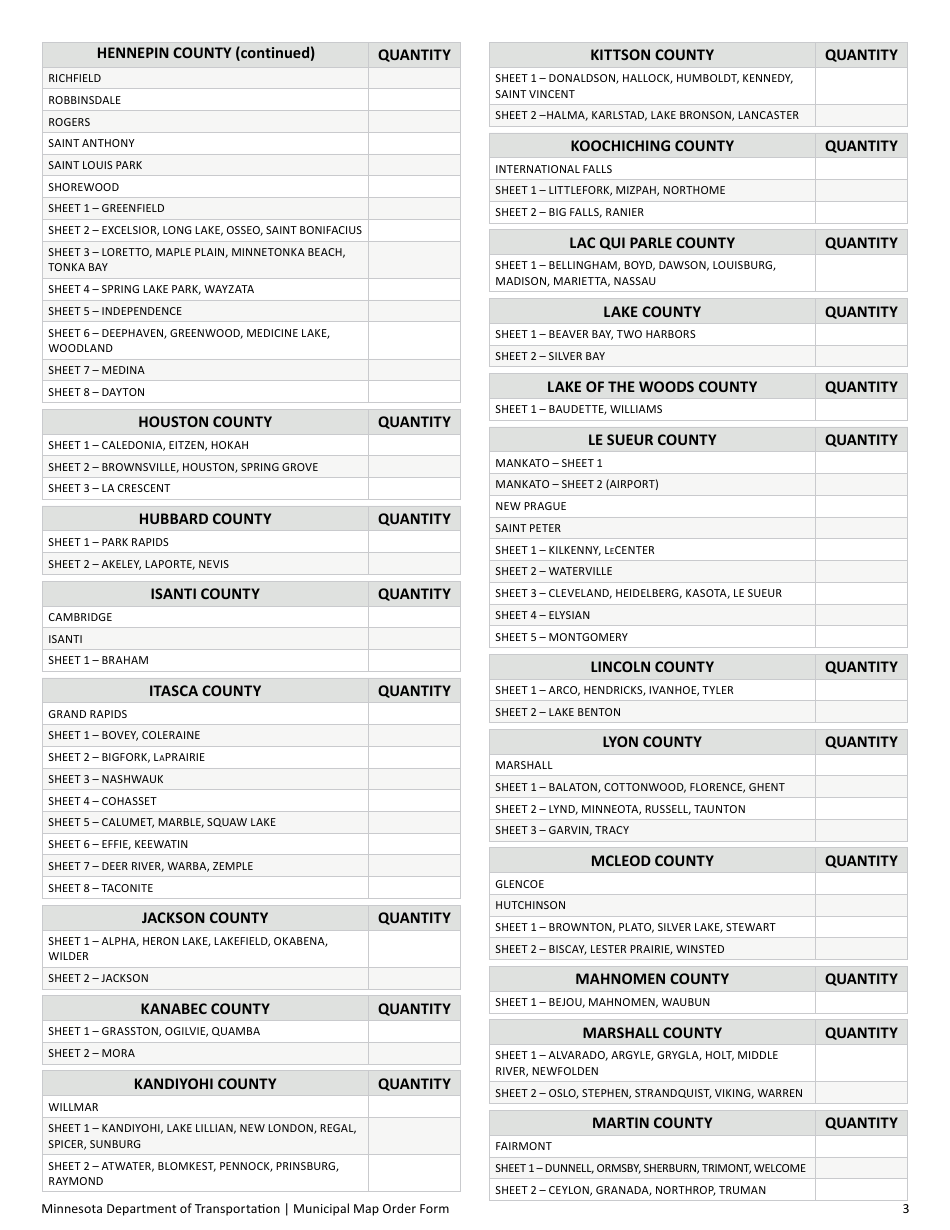 Municipal Map Order Form - Minnesota, Page 3
